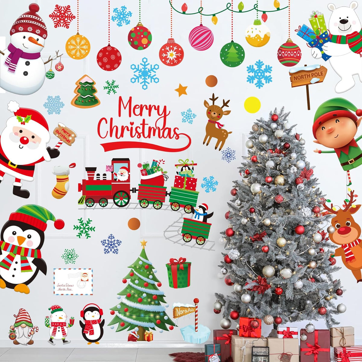 Christmas Wall Decals Stickers 142Pcs Removable Merry Christmas Wall Decorations Xmas Bathroom Fireplace Decor Santa Claus Snowman Reindeer Door Decal Indoor
