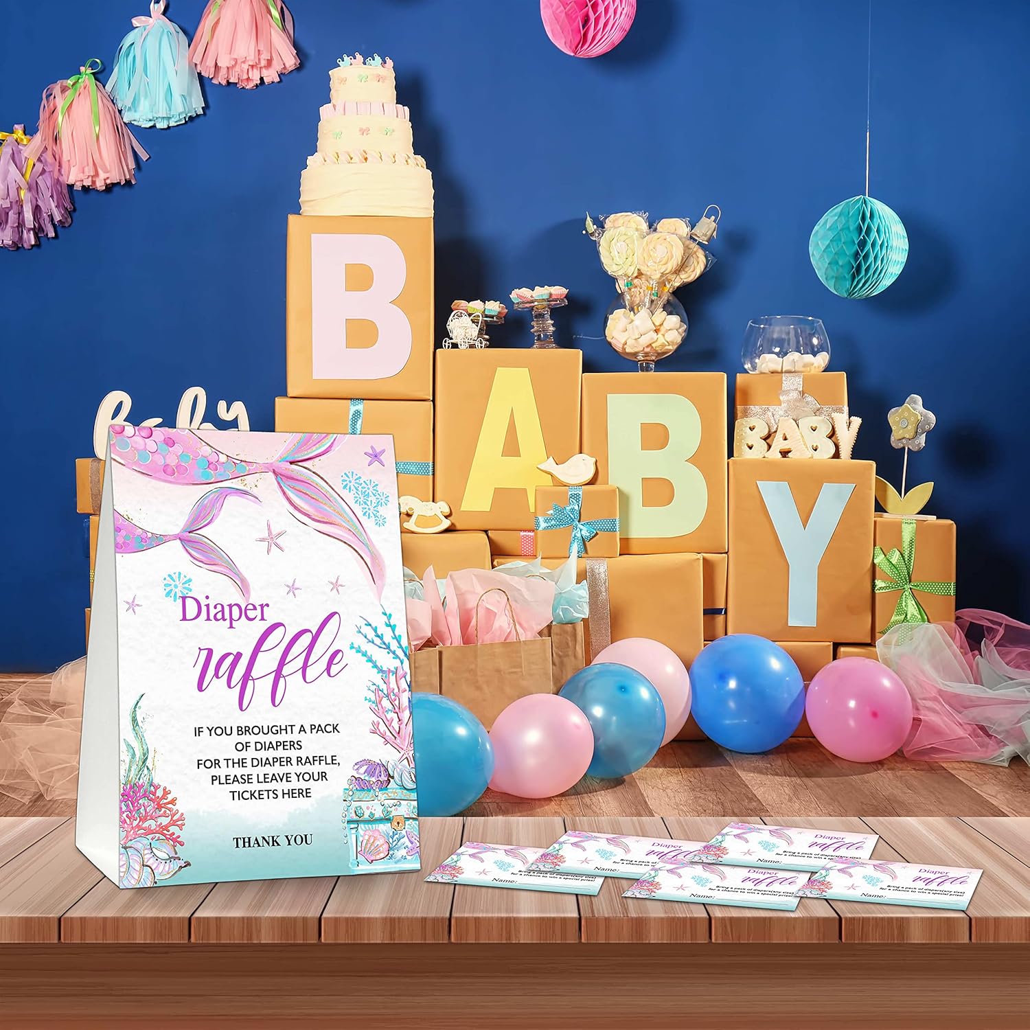 Diaper Raffle Party Games, Mermaid Baby Shower Game, Under The Sea Themed Baby Gender Reveal Party Supplies & Activities -1 Double Sided Standing Sign + 50 Guessing Cards (A08)