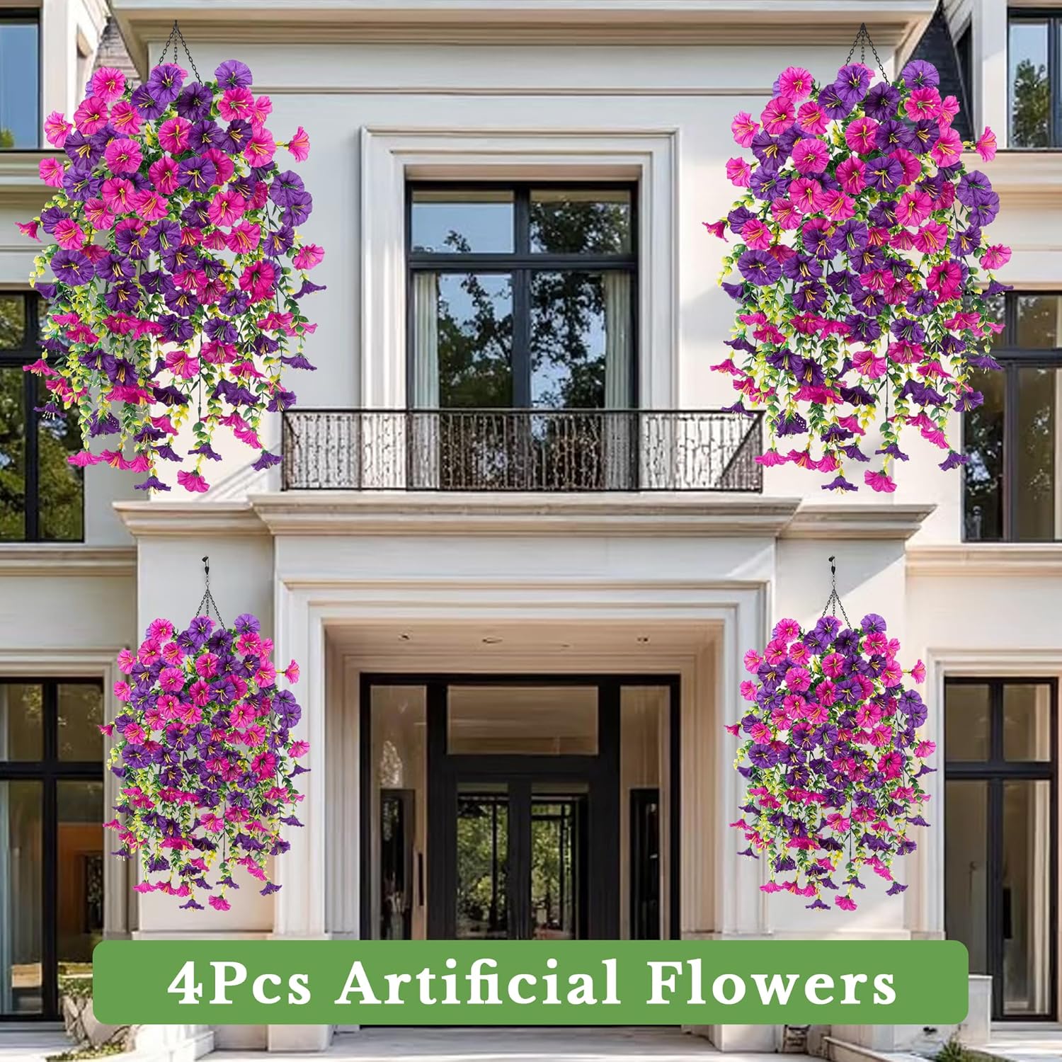 4 Pcs Fake Hanging Plants Artificial Flowers For Outdoors, Silk Petunia Faux Flowers Look Real Trailing Vines Uv Resistant Faux Plants For Home Planter Porch Patio(2 Rose Red+2 Purple)