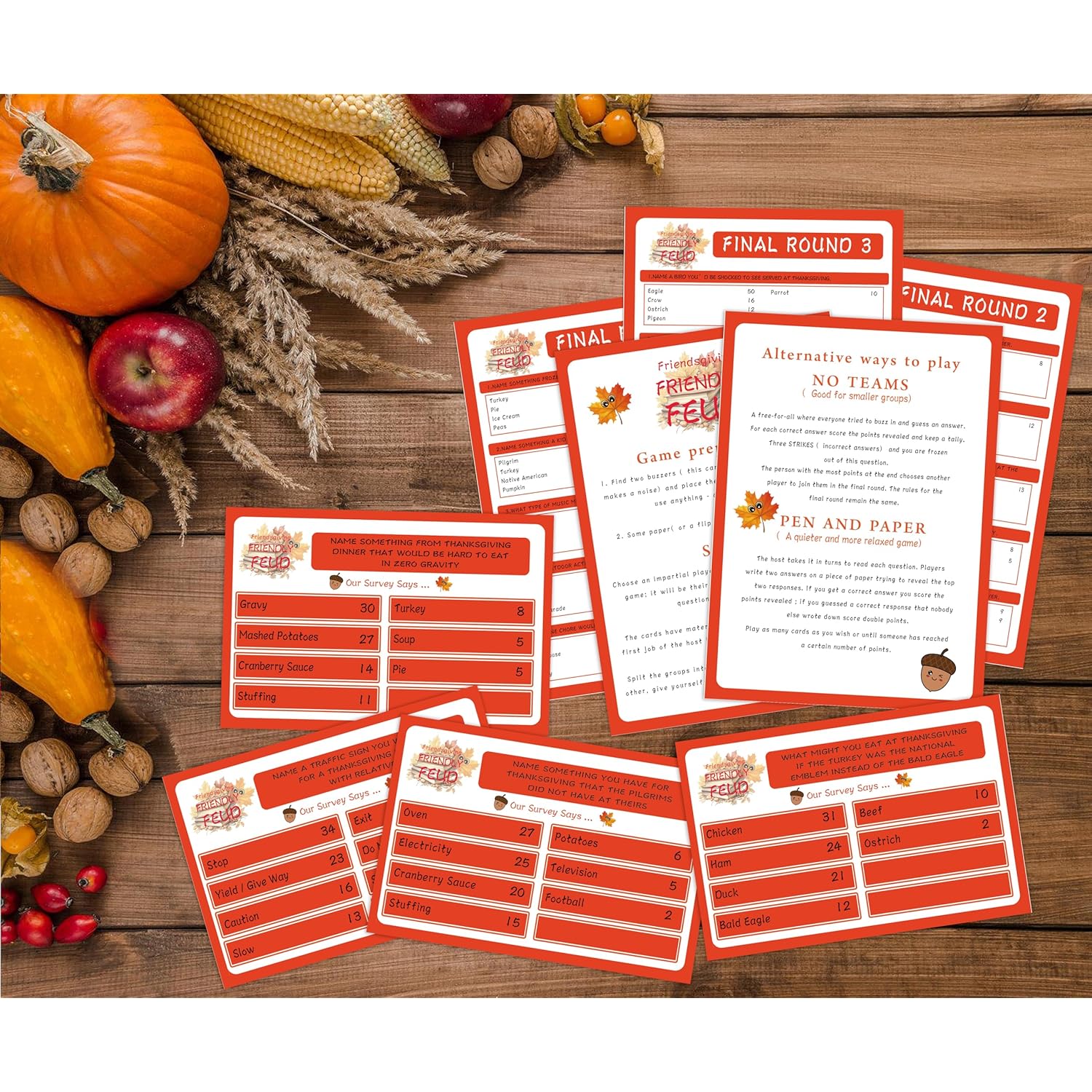 Thanksgiving Friendly Family Feud Game, Feud Trivia Quiz, Baby Shower Game For Family Activity (12 Question Cards & 3 Final Round Cards) Thanksgiving Games For Family Party Decorations Supplies-Sg4