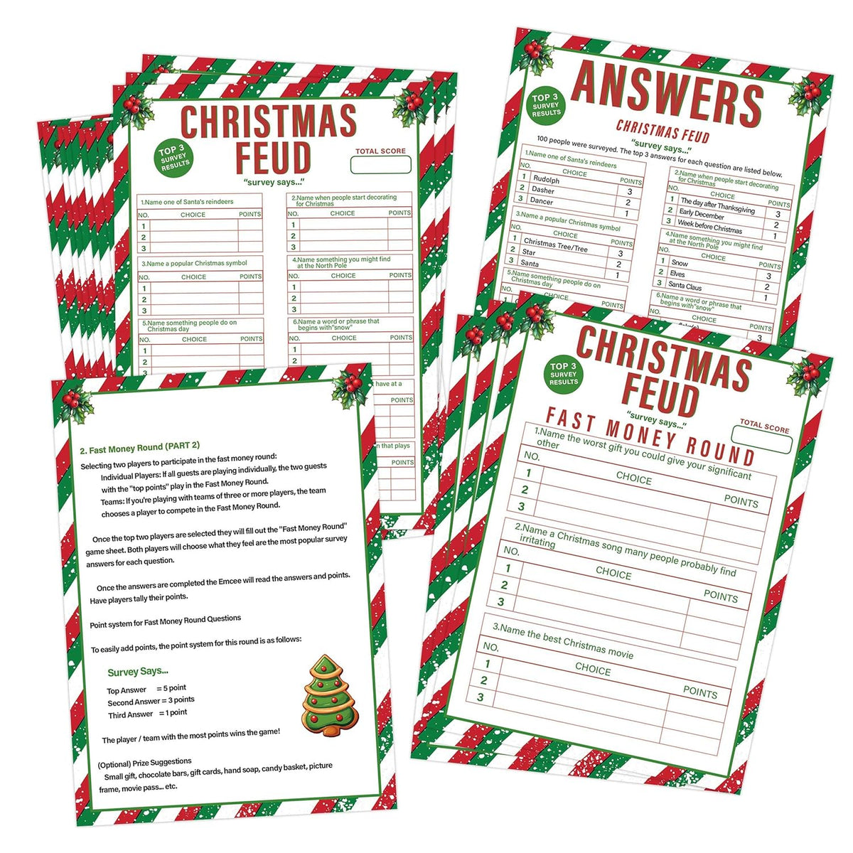 Christmas Friendly Feud Quiz - Family Game Night, Baby Shower Cards For Adults, 30 Feud & 3 Fast Money Round Cards, Christmas Games For Office, Class, Group-Mq5