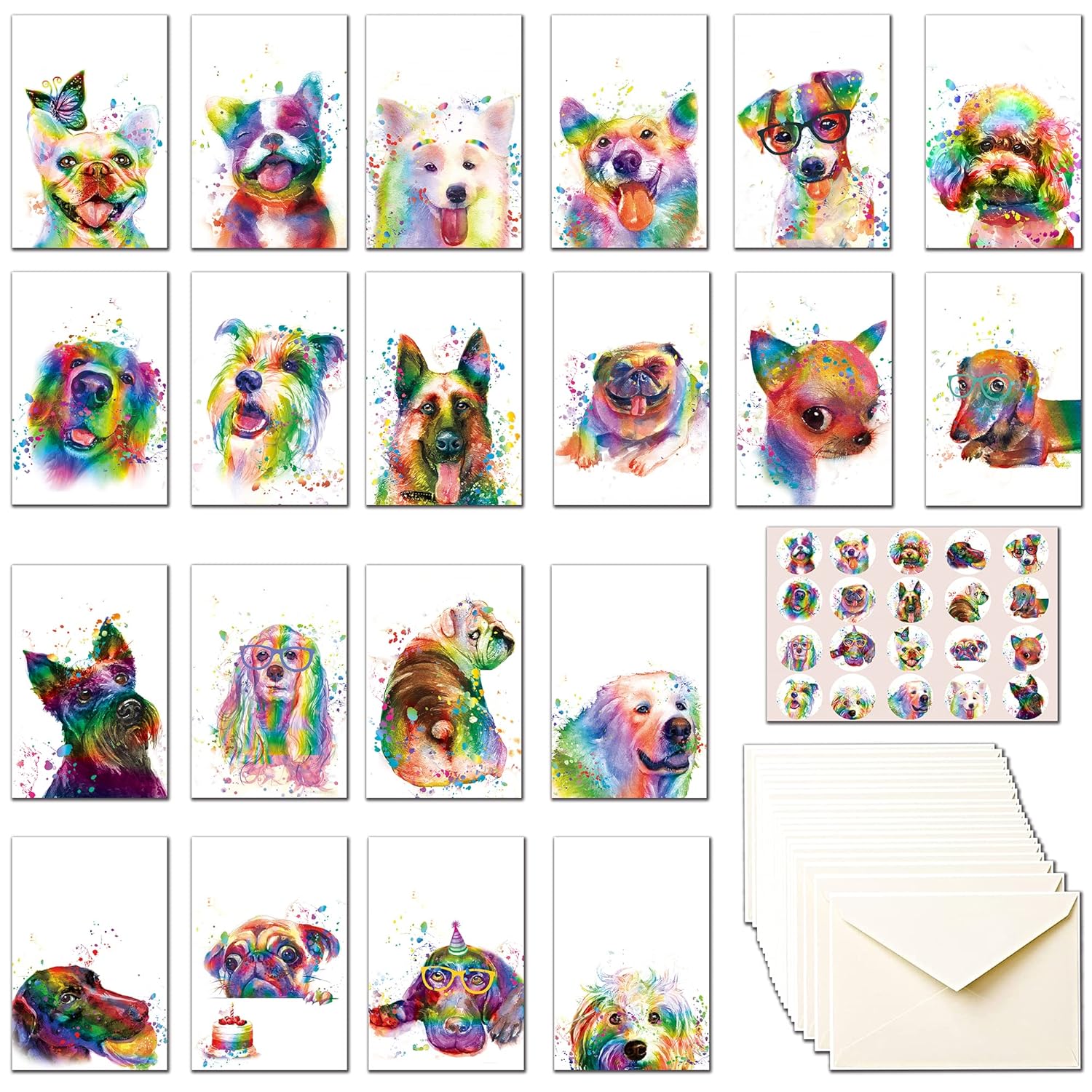 20 Greeting Cards, Rainbow Dog Thank You Cards With Envelopes Watercolor Painted Dogs Thank You Cards Bulk Note Cards Stationery Box Set For All Occasions Birthday Thank You Wedding.