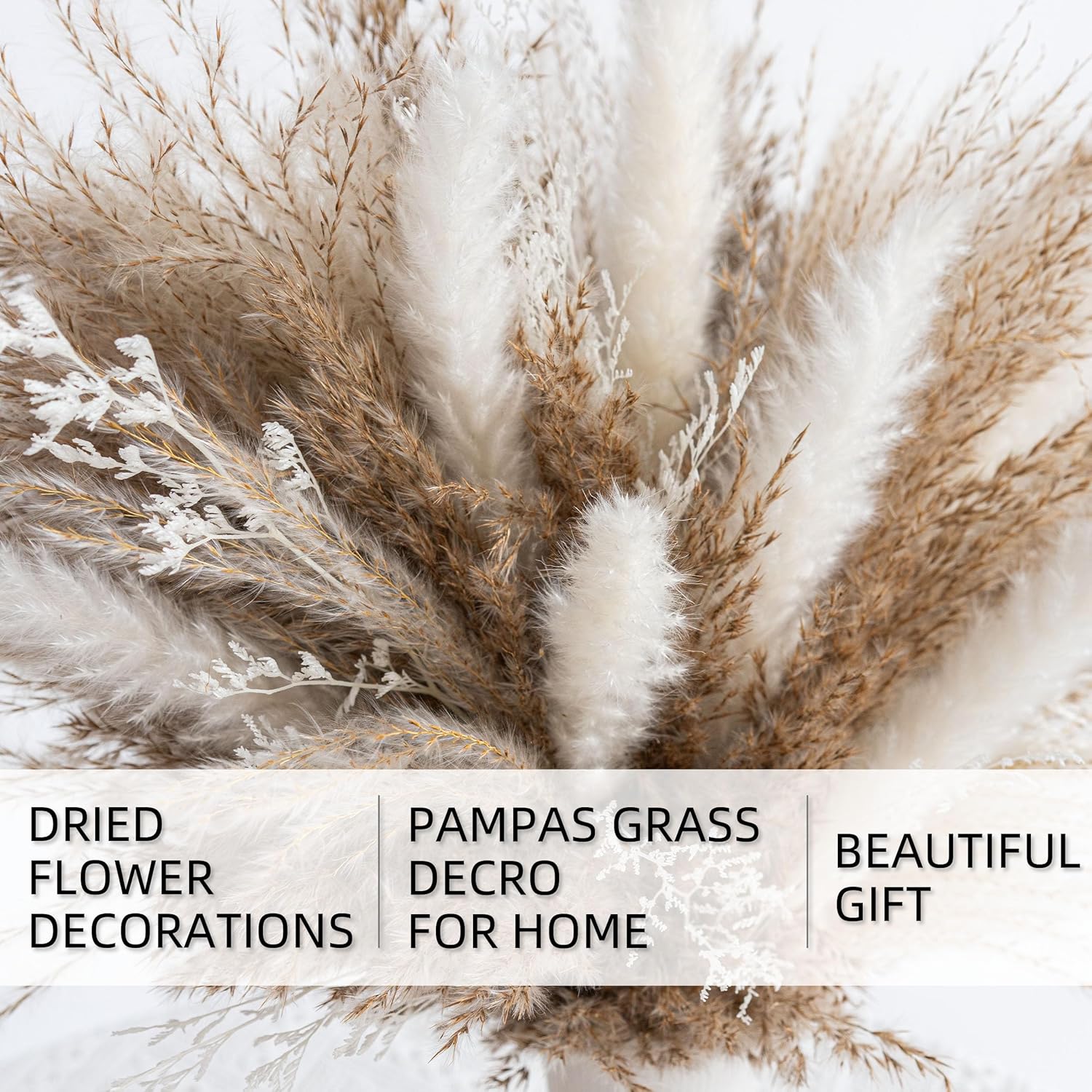 Fluffy Dired Reed Grass, Boho Decor, Pampas Grass Bulk, Dried Flowers For Wedding Home Table Decor Desk Decor, Rustic Farmhouse Decor Boho Flowers Home Table Decor (White & Brown)