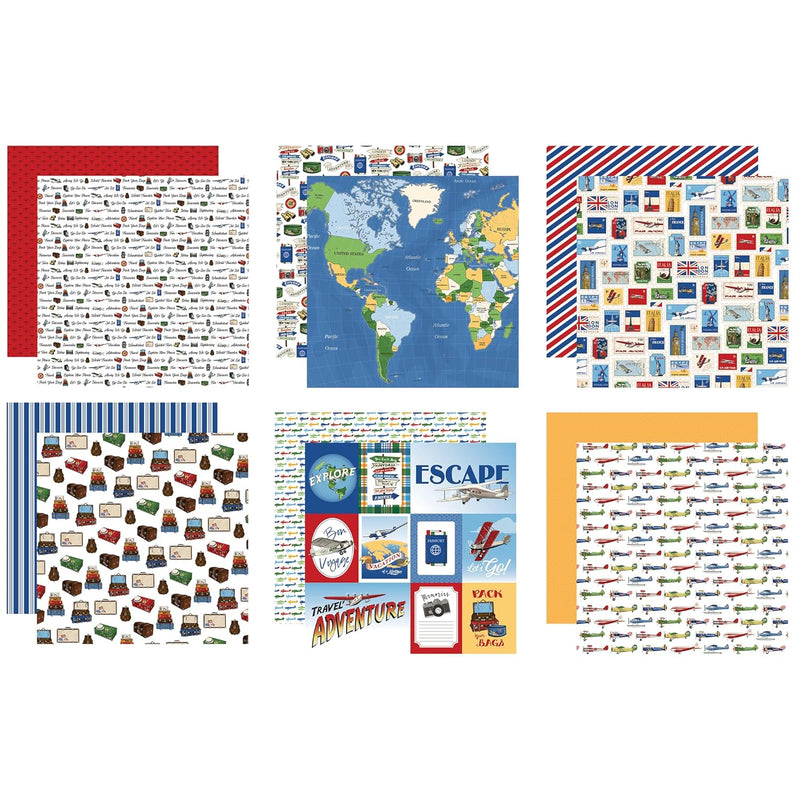 Travel Scrapbook Paper 12X12 - World Map Scrapbook Paper With Plane, Stamp, Lu