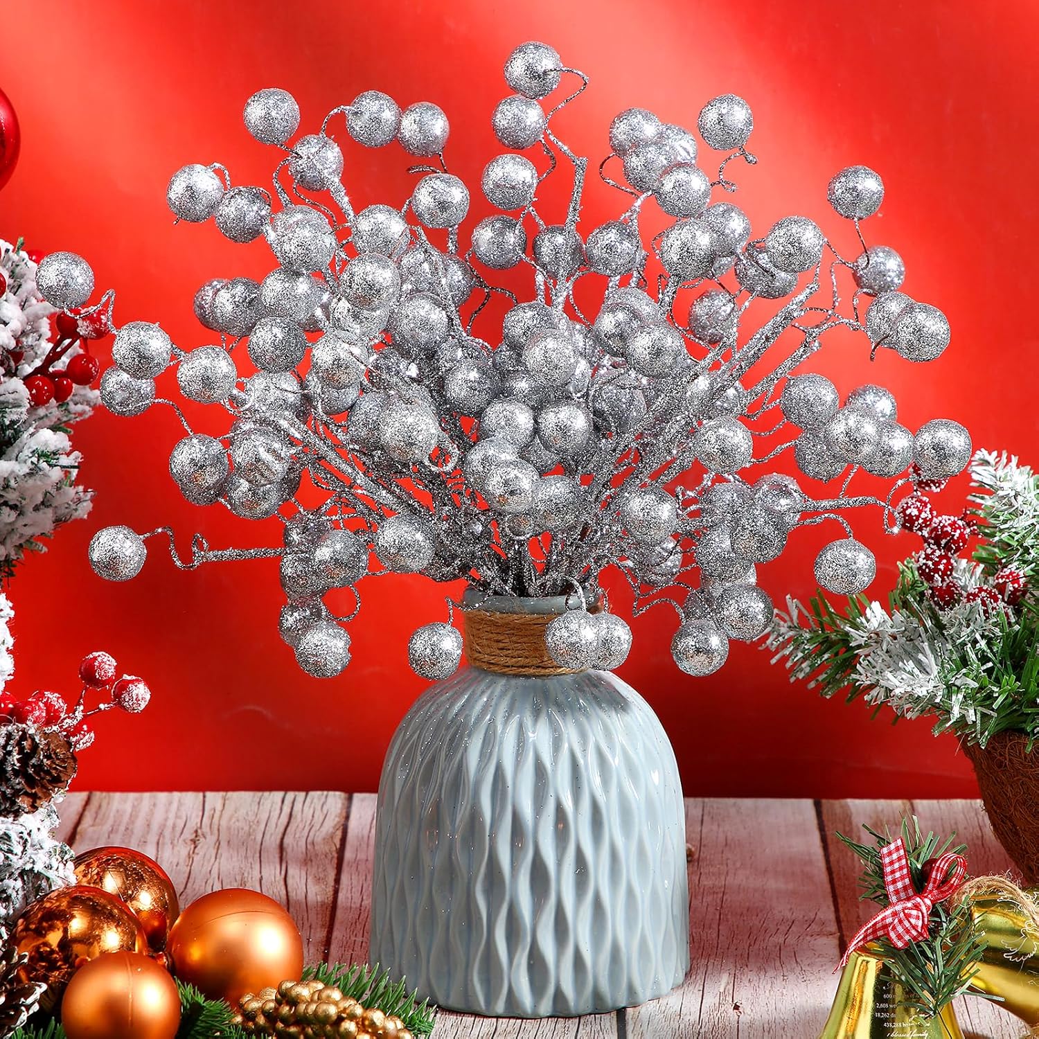 30 Pcs 14 Inch Silver Christmas Tree Picks And Spray Glitter Ball Curly Picks Large Artificial Berry Stems And Sticks For Christmas Tree Decor Holiday Vase Fillers Topper Ornaments