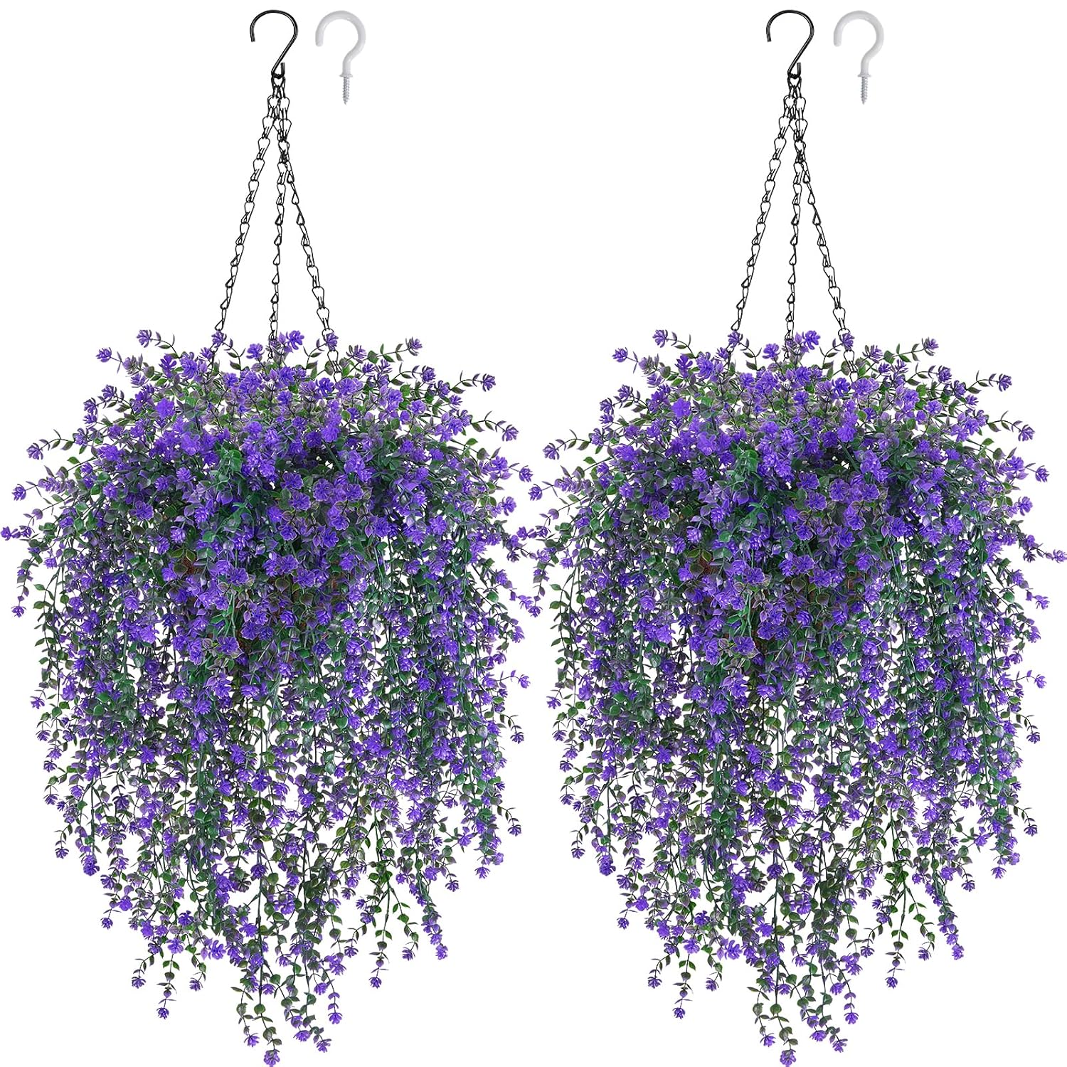 2 Set Artificial Flower Hanging Baskets For Outdoors, 20Pcs Fake Hanging Plants, Outdoor Faux Flowers Uv Resistant For Spring Summer Porch Patio Garden Home Decoration (Purple)