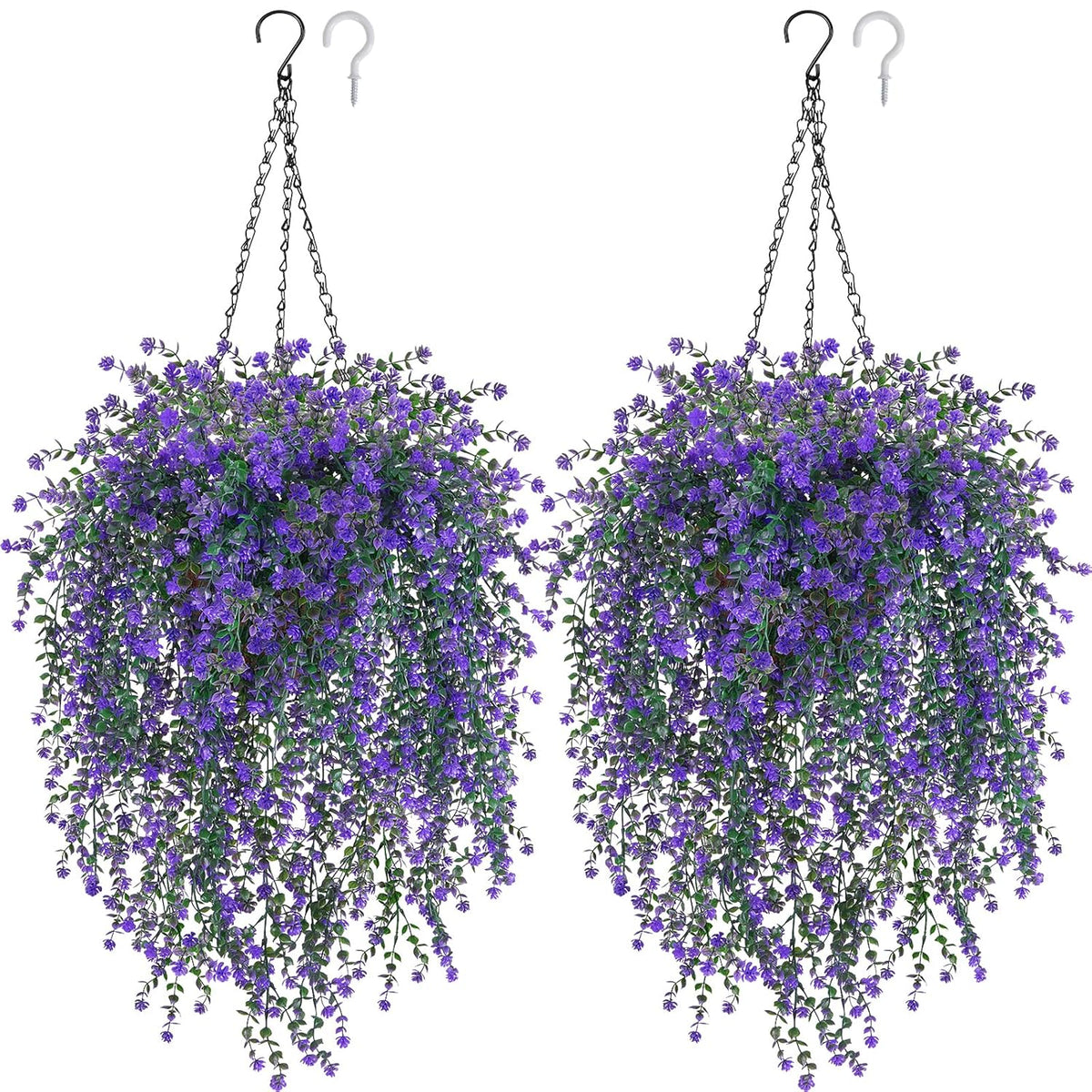 2 Set Artificial Flower Hanging Baskets For Outdoors, 20Pcs Fake Hanging Plants, Outdoor Faux Flowers Uv Resistant For Spring Summer Porch Patio Garden Home Decoration (Purple)
