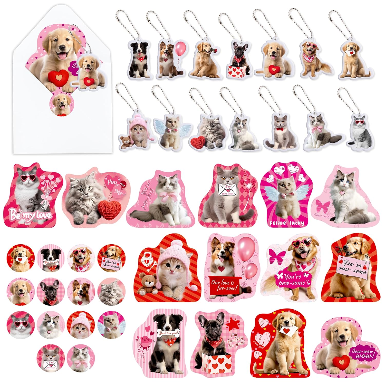 28 Pack Pet Cat & Dog Charm Valentine'S Card & Keychains Set For Kids School Classroom Exchange Gift Boys Girls Party Favors (28 Cards,28 Keychains,28 Envelopes, 42 Stickers)
