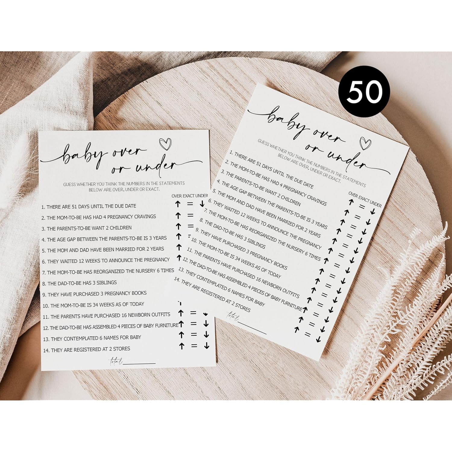50 Baby Shower Over Under (50-Cards) Fun Baby Shower Game Activity, Gender Neutral Boy Or Girl, Minimalist