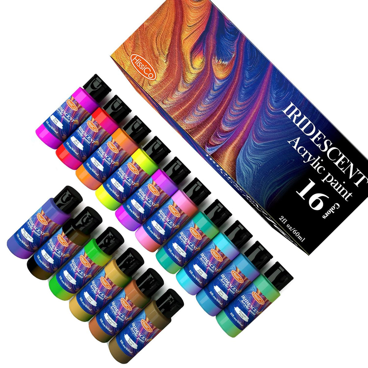 Iridescent Acrylic Paint Set Of 16 Chameleon Colors 60Ml 2 Oz Bottles, High Viscosity Shimmer Paint For Artists, Beginners On Rocks, Crafts, Canvas, Wood, Fabric, Ceramic