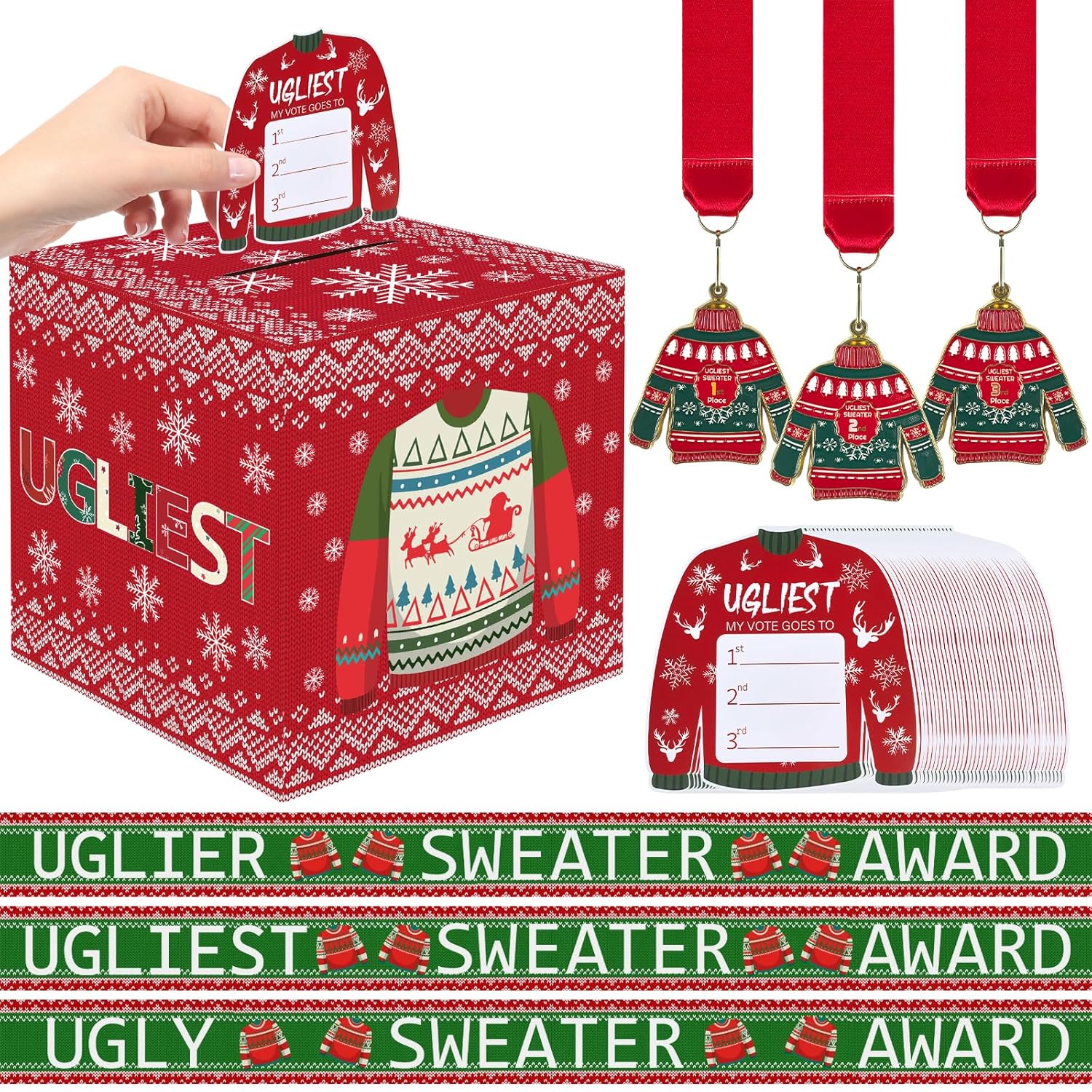 67 Pcs Xmas Ugly Sweater Game Sets With Ugly Sweater Contest Voting Box 60 Ballot Cards 3 Award Sashes And 3 Medals For Xmas Party Game Decorations Holiday Party Supplies