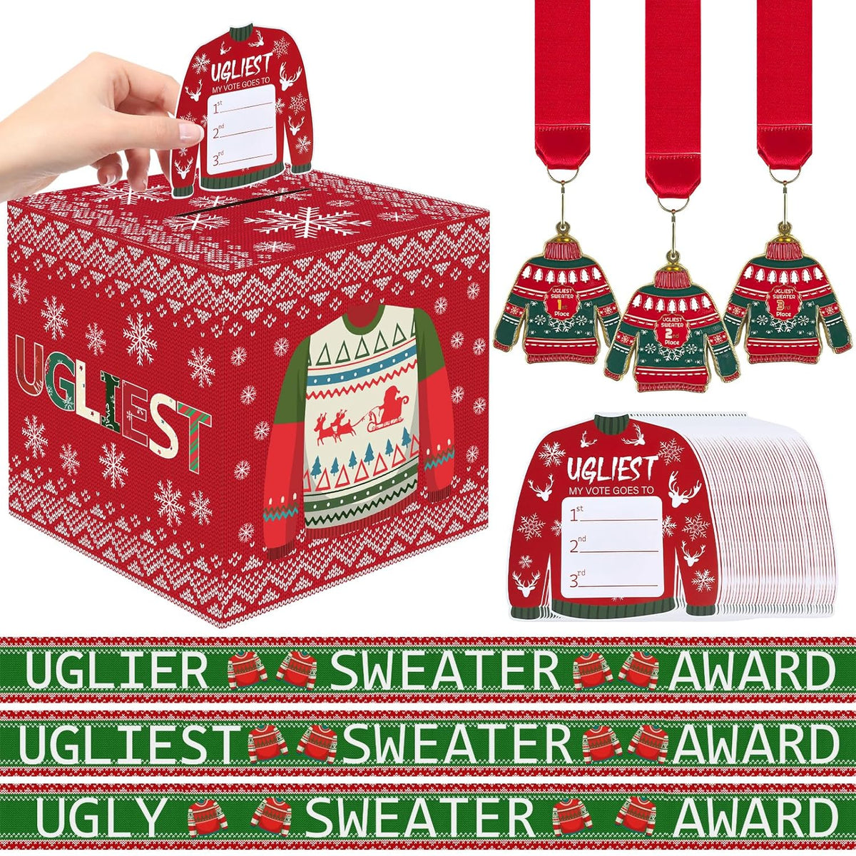 67 Pcs Xmas Ugly Sweater Game Sets With Ugly Sweater Contest Voting Box 60 Ballot Cards 3 Award Sashes And 3 Medals For Xmas Party Game Decorations Holiday Party Supplies