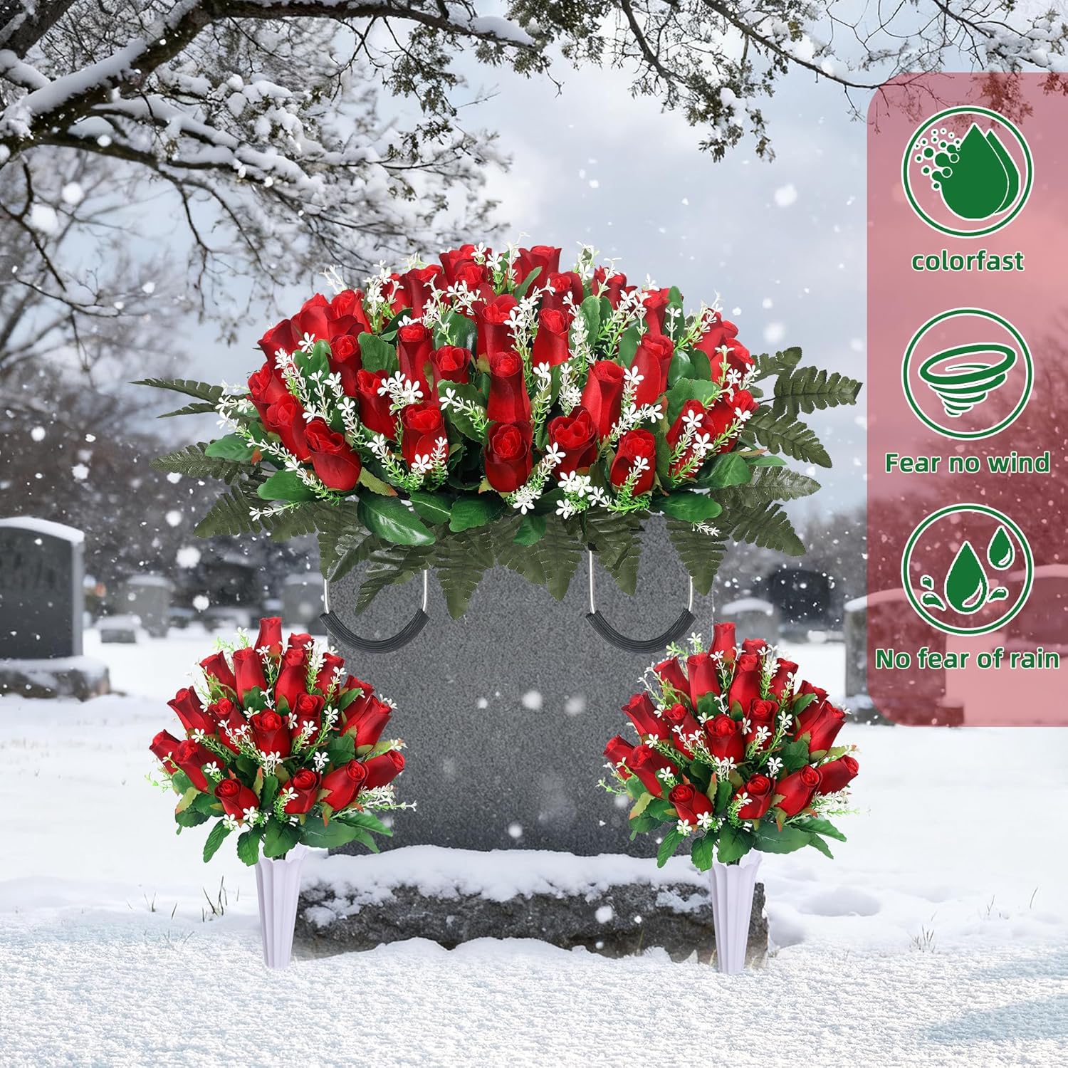3 Sets Artificial Cemetery Flowers For Grave,Headstone Flower Saddle With 2 Memorial Rose Bouquets With Vases For Grave Tombstone Decorations (Red)