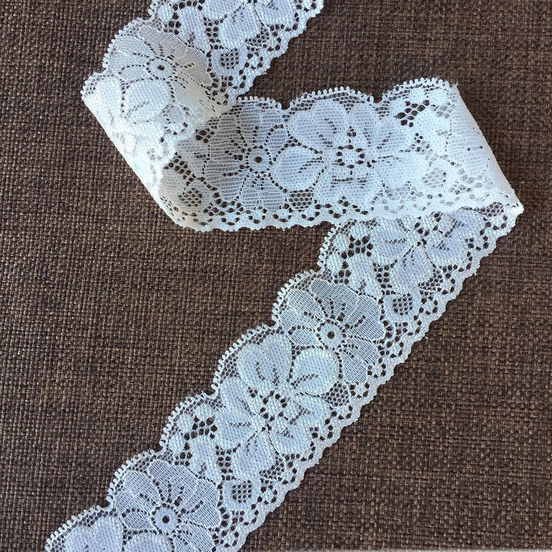 Lace Realm 1.5 Inch Wide White Stretch Floral Pattern Lace Ribbon Trim For Sew