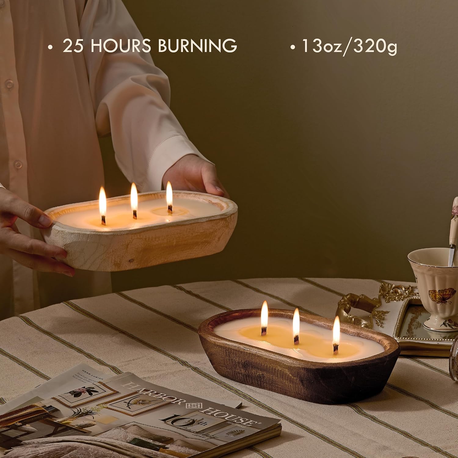 3 Wick Dough Bowl Candle, Vanilla Scented Candle With Brown Wooden Bowl, 10 Inch Large Soy Wax Candle For Home Decor, Living Room, Bedroom, Christmas Gifts For Men & Women