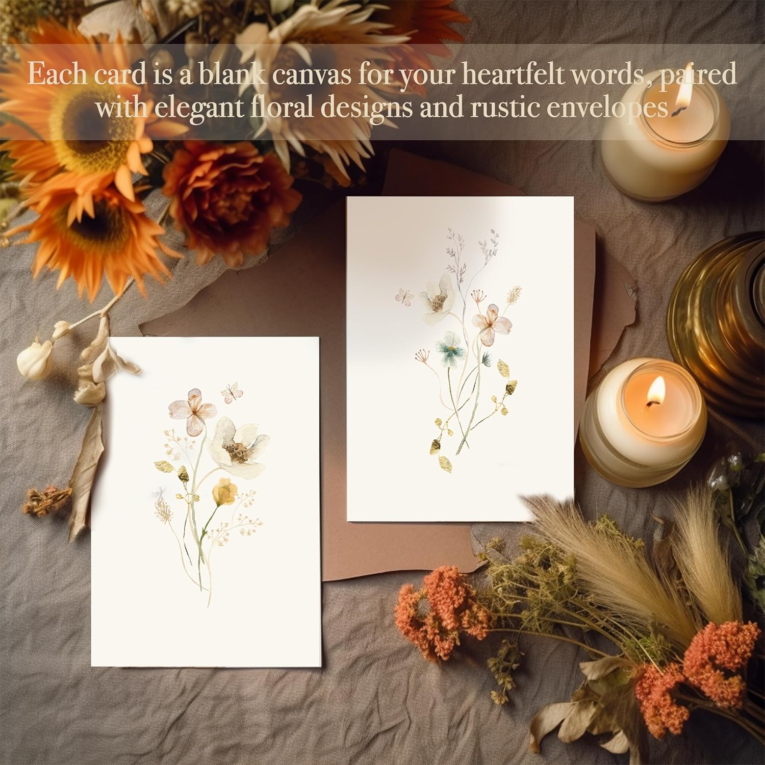 Blank Cards,Blank Greeting Cards 4X6,40Pack -Elegant Floral Design Blank Greeting Cards,Note Cards With Matching Peel-And-Seal Rustic Envelopes