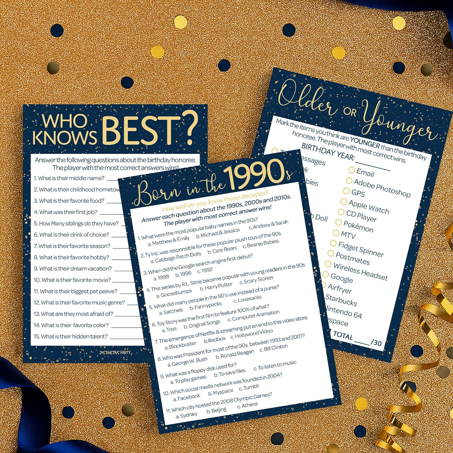 Navy Blue And Gold 30Th Birthday Game Bundle - Set Of 3 Birthday Party Games For 20 Guests, Born In The 1990S Theme