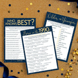 Navy Blue And Gold 30Th Birthday Game Bundle - Set Of 3 Birthday Party Games For 20 Guests, Born In The 1990S Theme