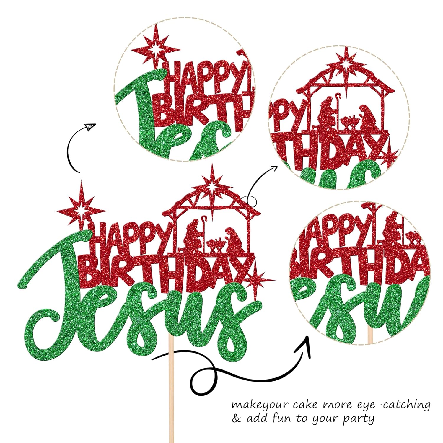 1 Pcs Happy Birthday Jesus Cake Topper Glitter Merry Christmas Nativity Jesus Birthday Cake Pick For Nativity Scene Theme Christmas Jesus Birthday Party Cake Decorations Supplies Green Red