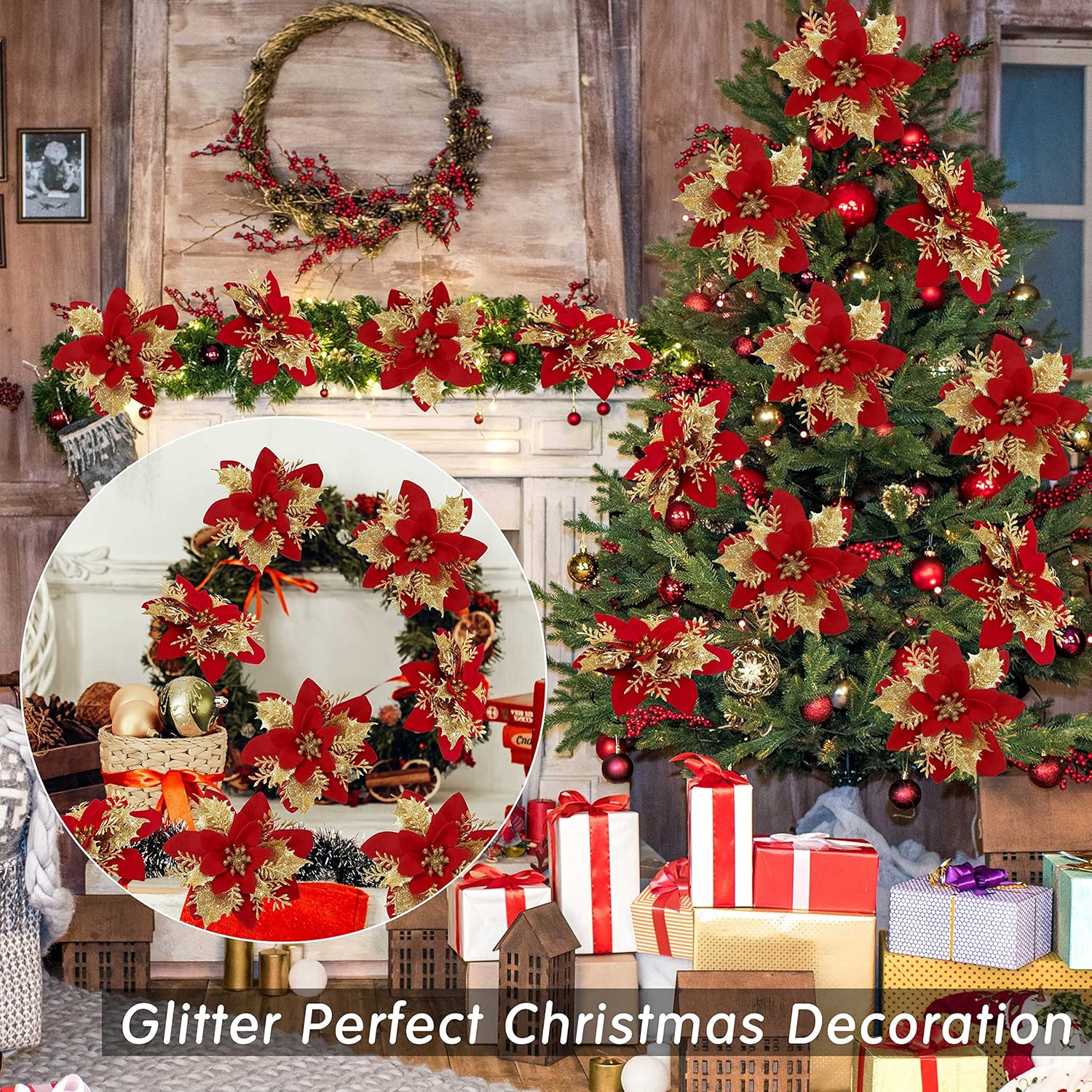 15 Pcs Red Poinsettia Flower Artificial Poinsettias With Clips Christmas Decorations Glitter Poinsettia Christmas Ornaments Xmas Tree Flower Decor With Stems Diy Xmas Wreath Home Holiday Party