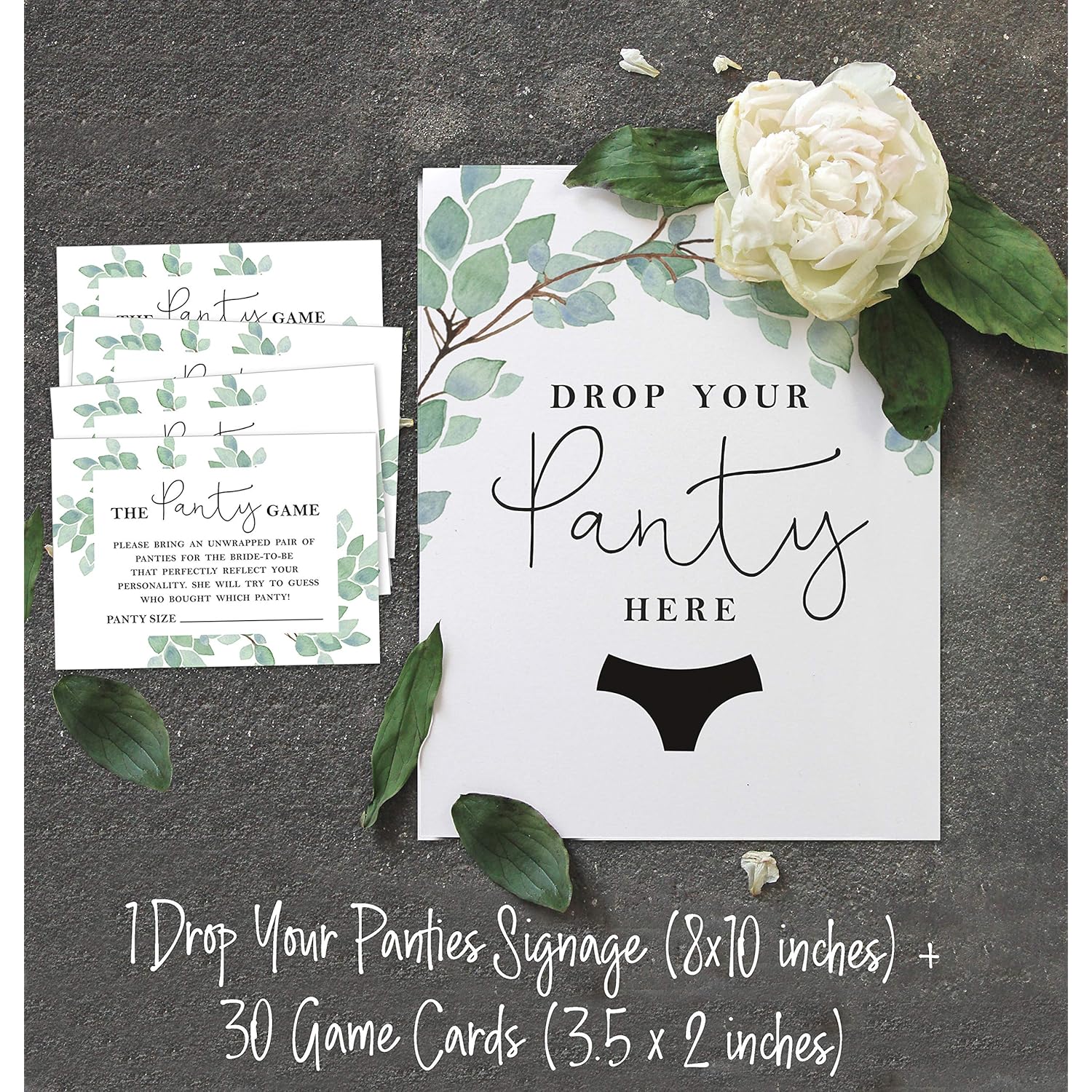 Bridal Shower Game 1 Sign + 30 Size Card White Greenery Girls Night Out Bachelorette Party Drop Your Panties Game