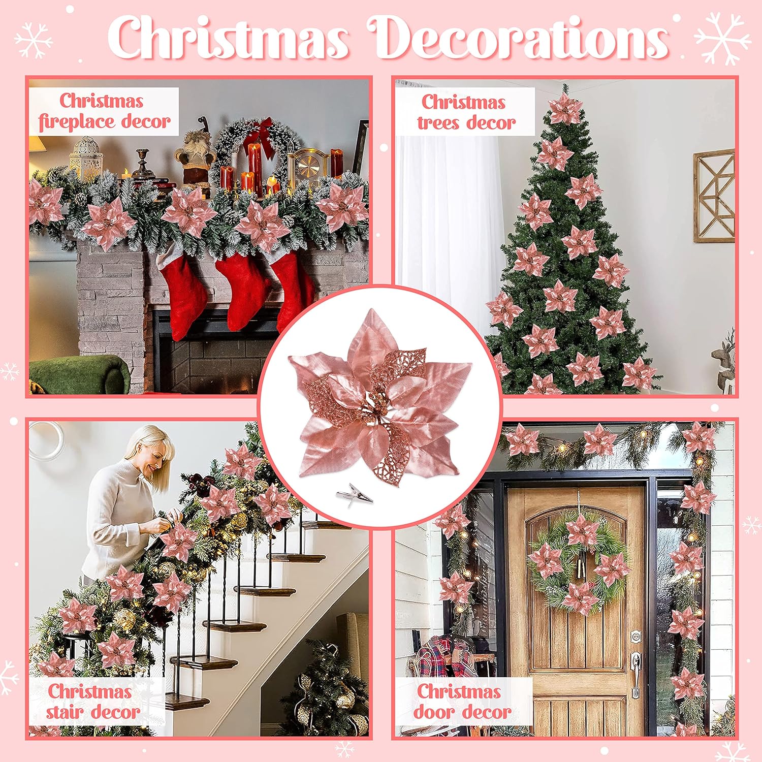 15Pcs Christmas Tree Decorations Poinsettias Artificial Flowers Ornaments: Large Size 8.7” Xmas Glitter Flower With Clips Plus Stems (Rose Gold)
