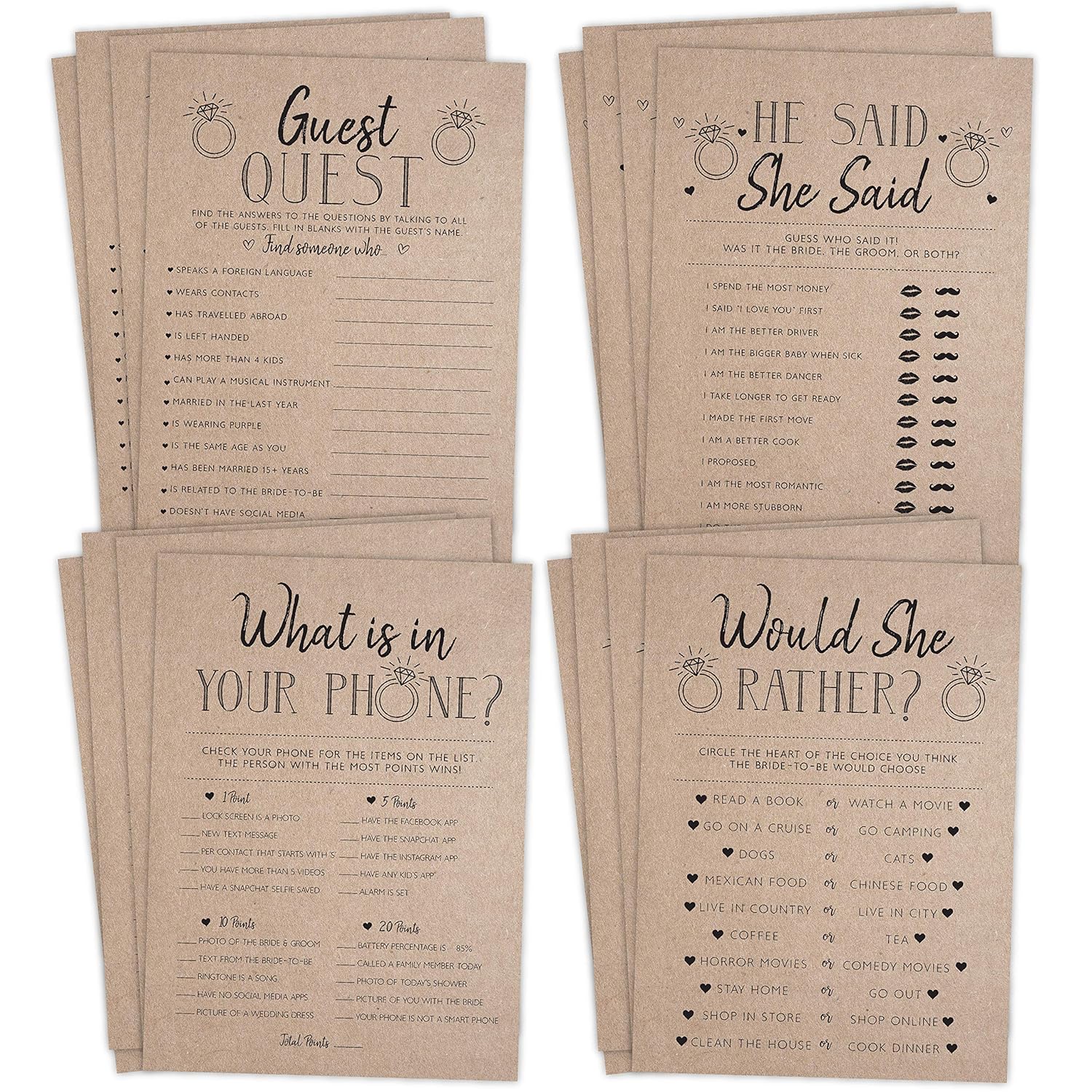 Wedding Bridal Shower Games, Fun Activities, Kraft Minimalist Style - Guest Quest, He Said She Said, What'S In Your Phone And Would She Rather