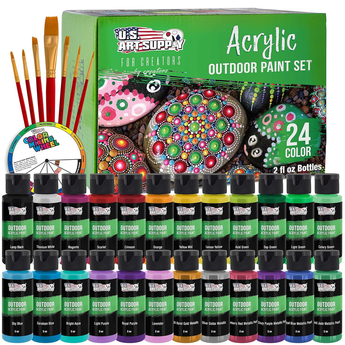 Professional 24 Color Outdoor Acrylic Paint Set, 2Oz Bottles, With 7 Brush Kit - Vivid Colors For Painting Canvas, Rocks, Wood Crafts, Toys