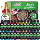 Professional 24 Color Outdoor Acrylic Paint Set, 2Oz Bottles, With 7 Brush Kit - Vivid Colors For Painting Canvas, Rocks, Wood Crafts, Toys