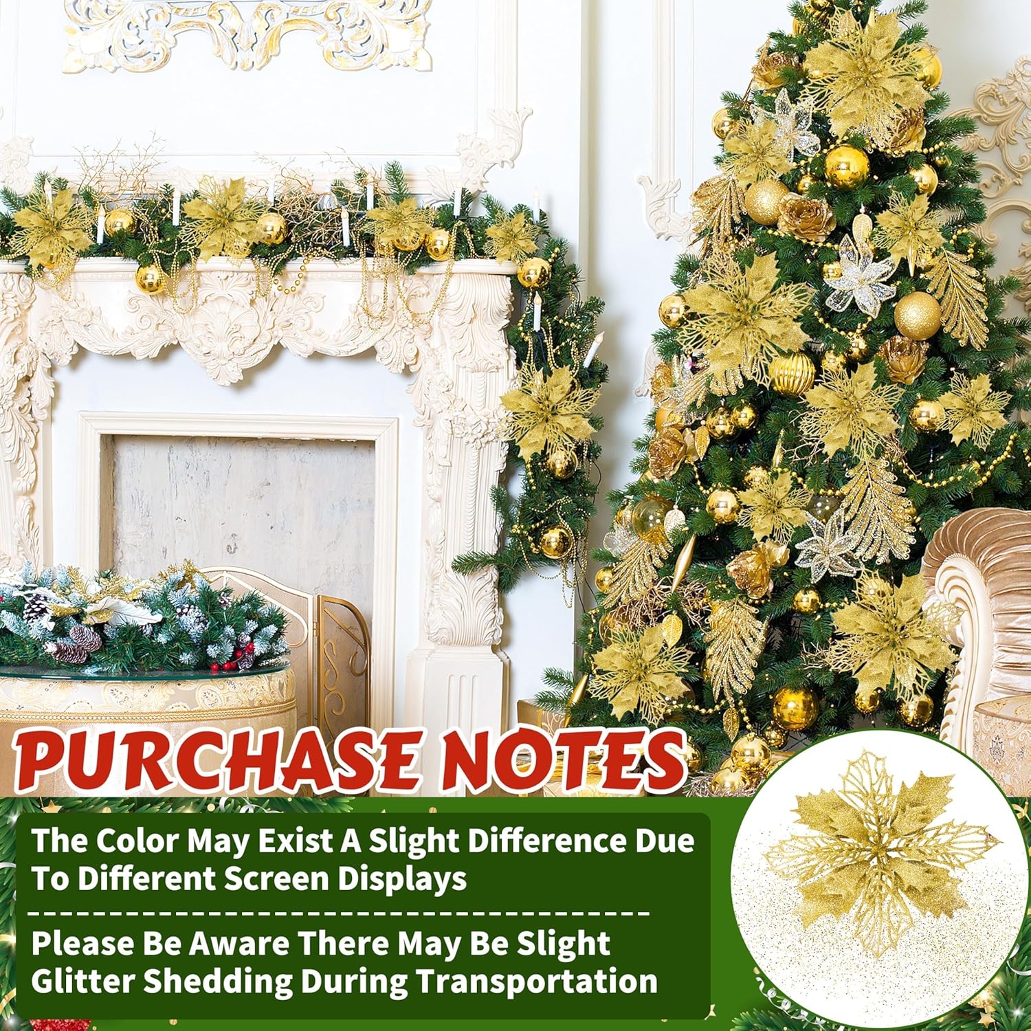 36 Pcs Christmas Glitter Poinsettia Flowers Artificial Flower Ornaments Fake Flower Christmas Tree Decorations Glitzy Poinsettia With Clips For Diy Xmas Wreaths Holiday Home Party Decor (Gold)