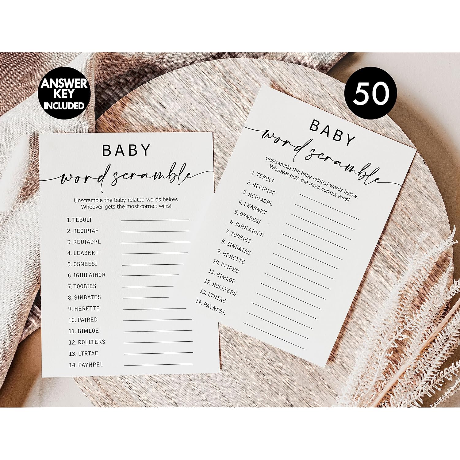 50 Baby Shower Word Scramble Game (50-Cards) Fun Baby Shower Game Activity, Gender Neutral Boy Or Girl, Minimalist