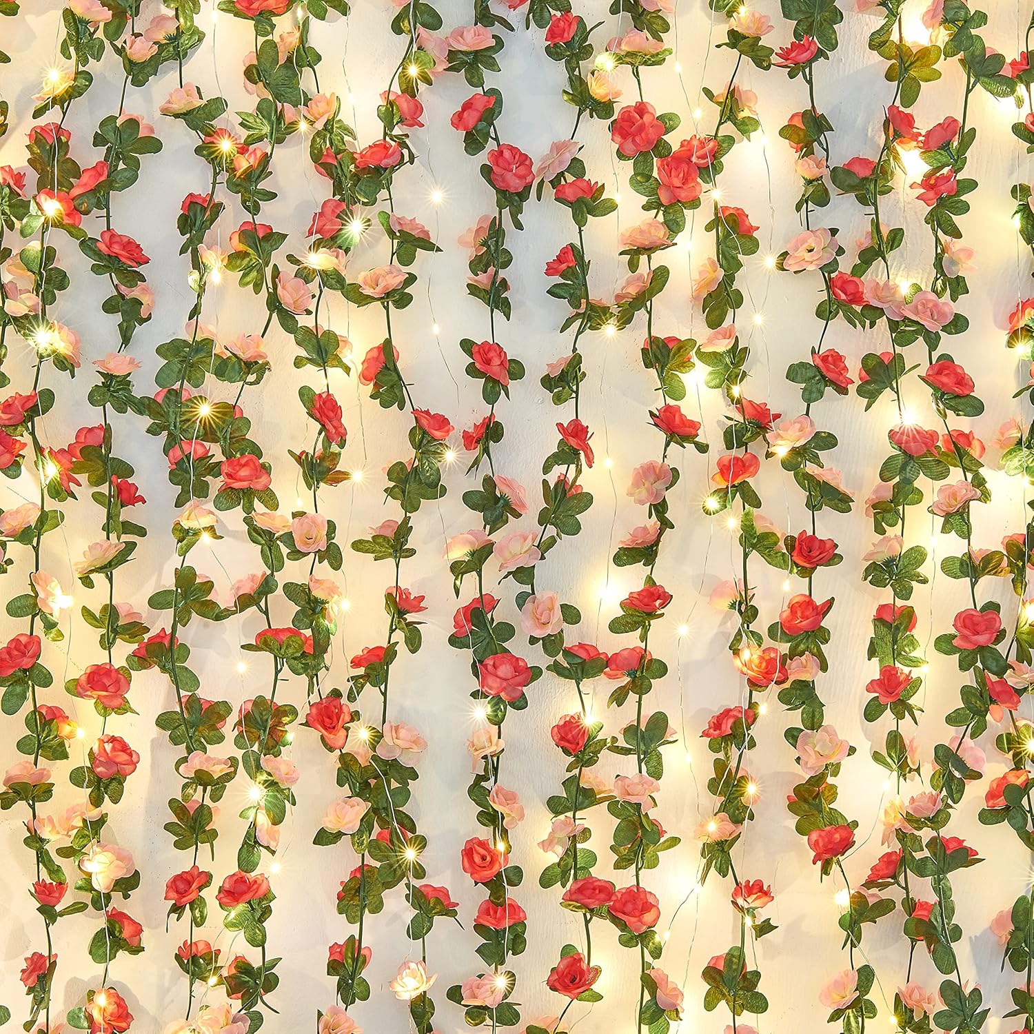 2Pcs 16.4Ft Flower Garland Artificial Rose Vines With 16.4Ft String Lights, Cute Fake Hanging Flower Vines Floral Garland Decorations For Wedding Party Wall Room Decor Aesthetic