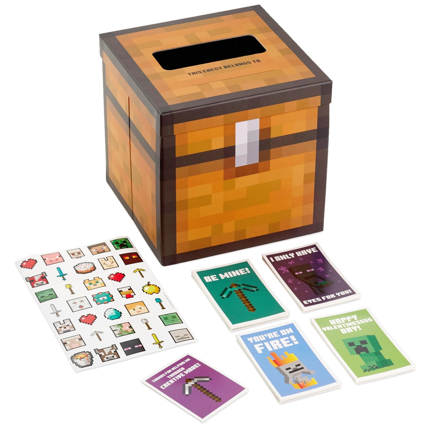Hallmark Minecraft Valentines Day Cards and Mailbox for Kids School Classroom Exchange (1 Box, 32 Valentine Cards, 35 Stickers, 1 Teacher Card)