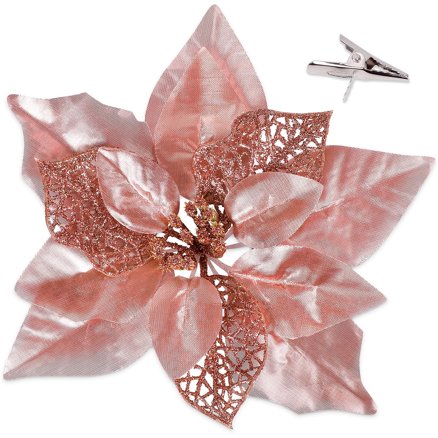 15Pcs Christmas Tree Decorations Poinsettias Artificial Flowers Ornaments: Large Size 8.7” Xmas Glitter Flower With Clips Plus Stems (Rose Gold)
