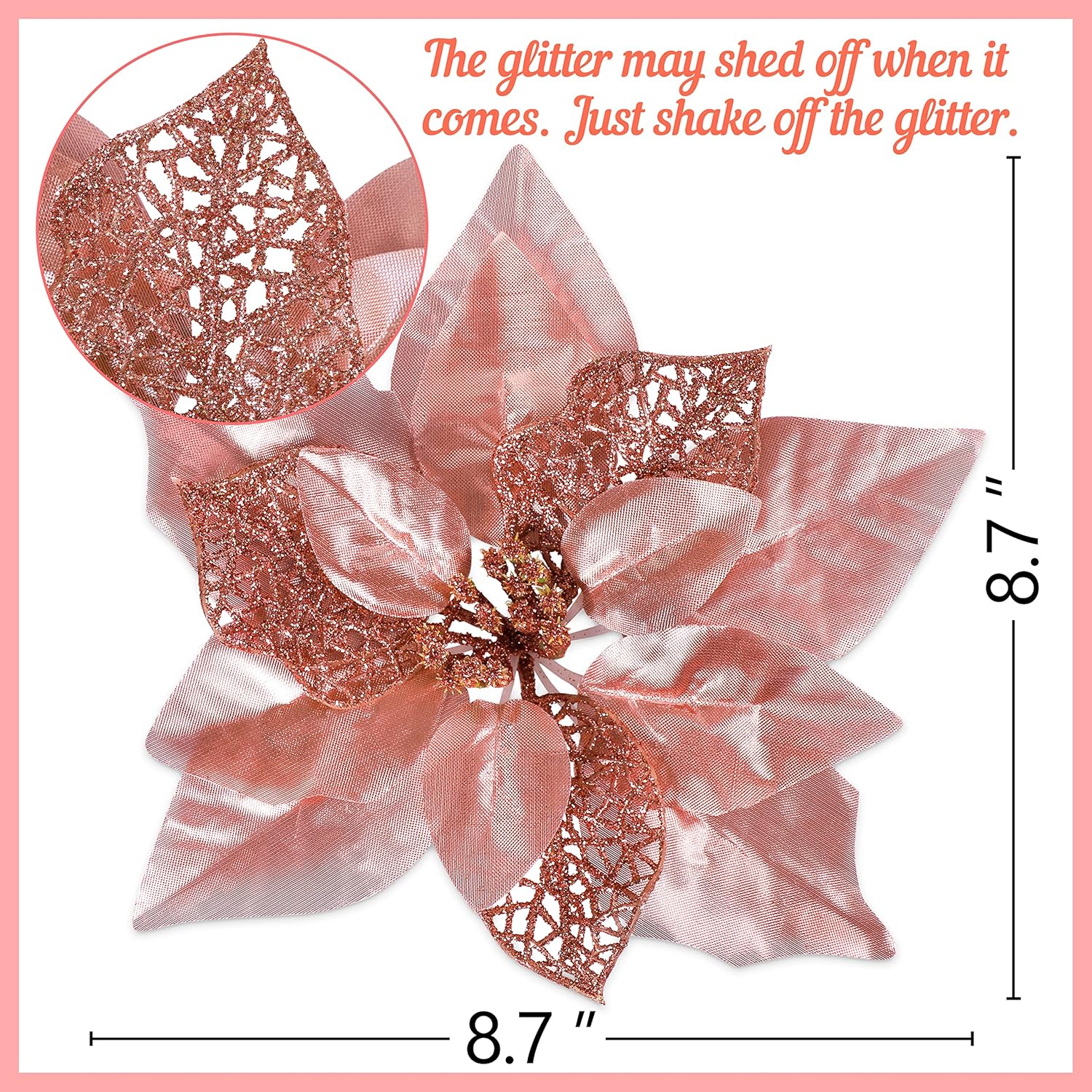 15Pcs Christmas Tree Decorations Poinsettias Artificial Flowers Ornaments: Large Size 8.7” Xmas Glitter Flower With Clips Plus Stems (Rose Gold)