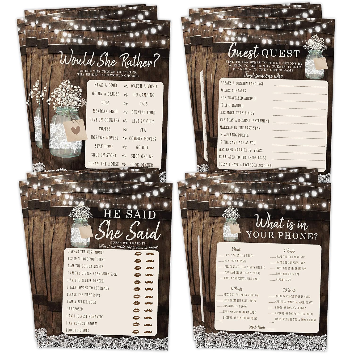 Bridal Shower Bachelorette Games, Rustic Wood Barrel Mason Jar, He Said She Said, Find The Guest Quest, Would She Rather, Phone Game, 25 Games Each
