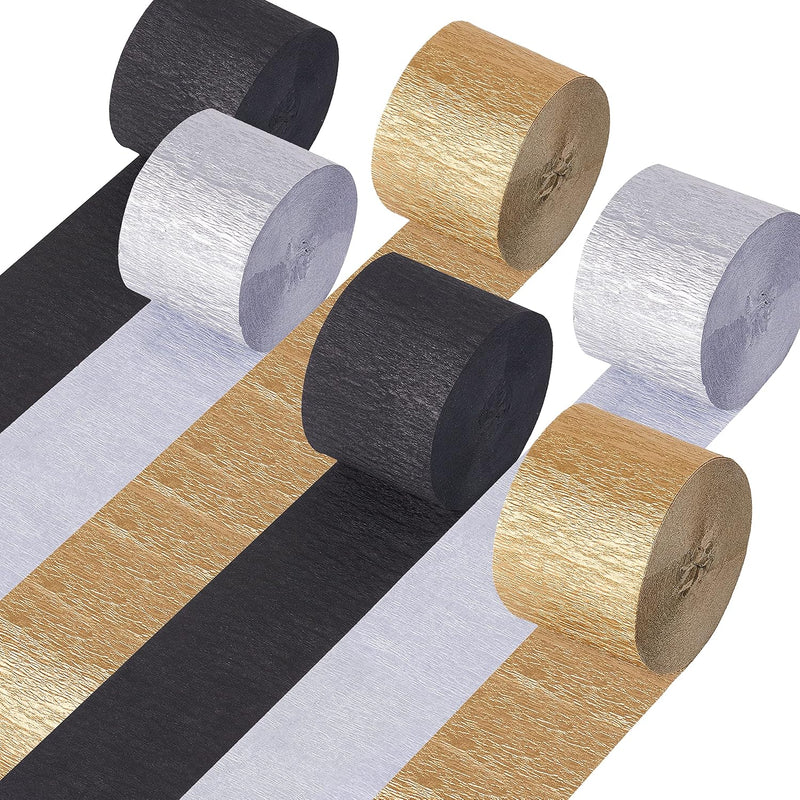 Gold Silver Black Streamers, 6 Rolls 492 Ft Crepe Paper Party Streamer