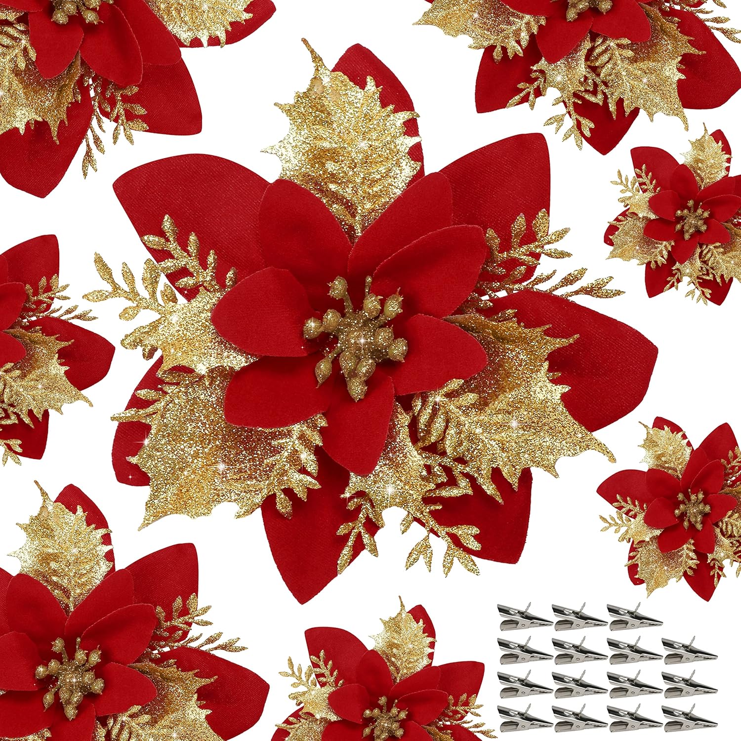 15 Pcs Red Poinsettia Flower Artificial Poinsettias With Clips Christmas Decorations Glitter Poinsettia Christmas Ornaments Xmas Tree Flower Decor With Stems Diy Xmas Wreath Home Holiday Party