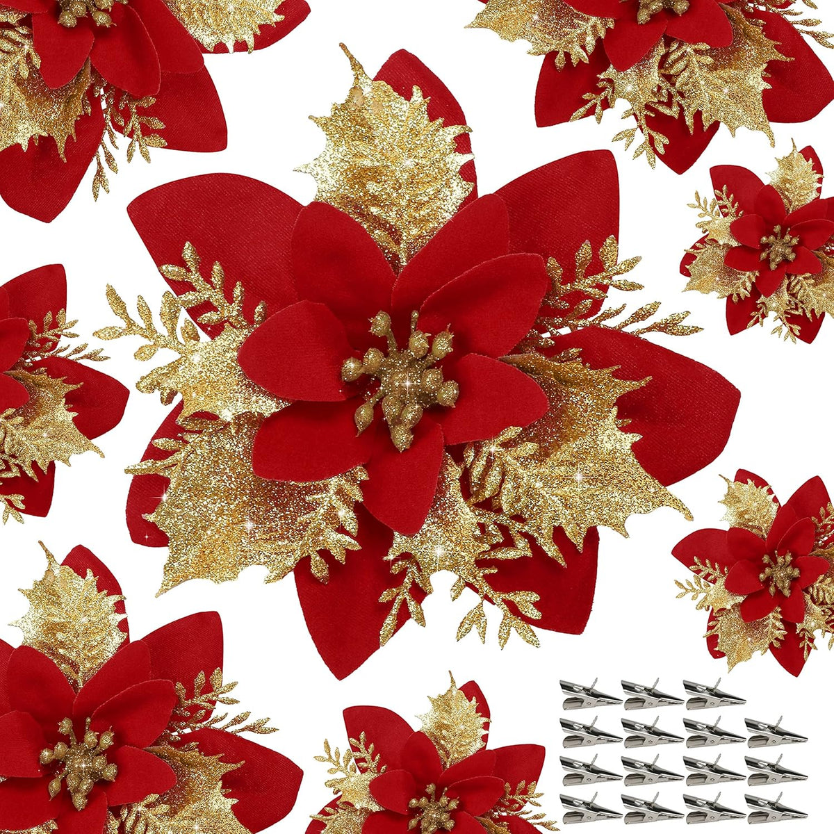 15 Pcs Red Poinsettia Flower Artificial Poinsettias With Clips Christmas Decorations Glitter Poinsettia Christmas Ornaments Xmas Tree Flower Decor With Stems Diy Xmas Wreath Home Holiday Party