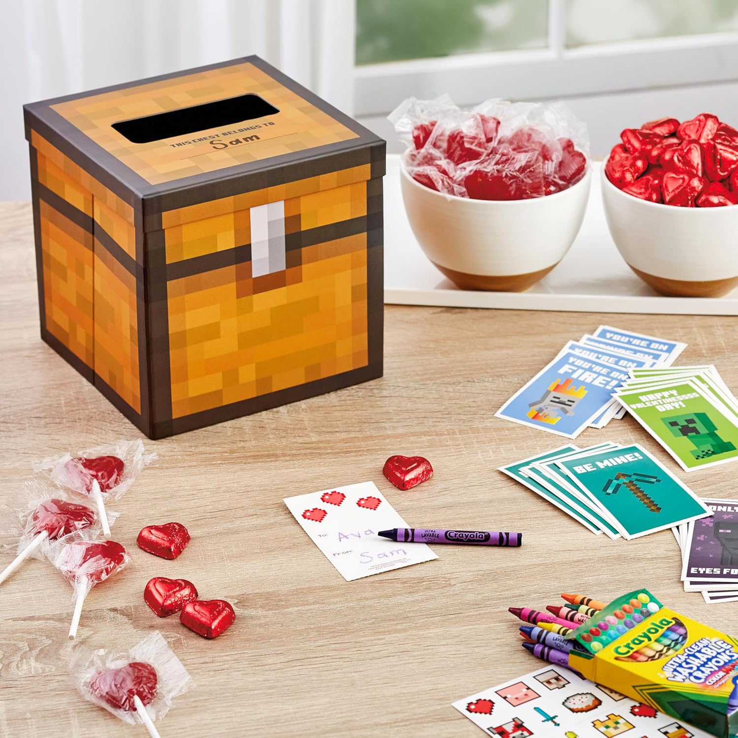 Hallmark Minecraft Valentines Day Cards and Mailbox for Kids School Classroom Exchange (1 Box, 32 Valentine Cards, 35 Stickers, 1 Teacher Card)