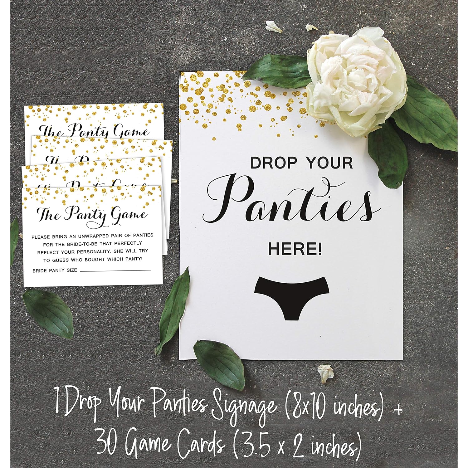 Bridal Shower Game 1 Sign + 30 Size Card White Gold Confetti Girls Night Out Bachelorette Party Drop Your Panties Game