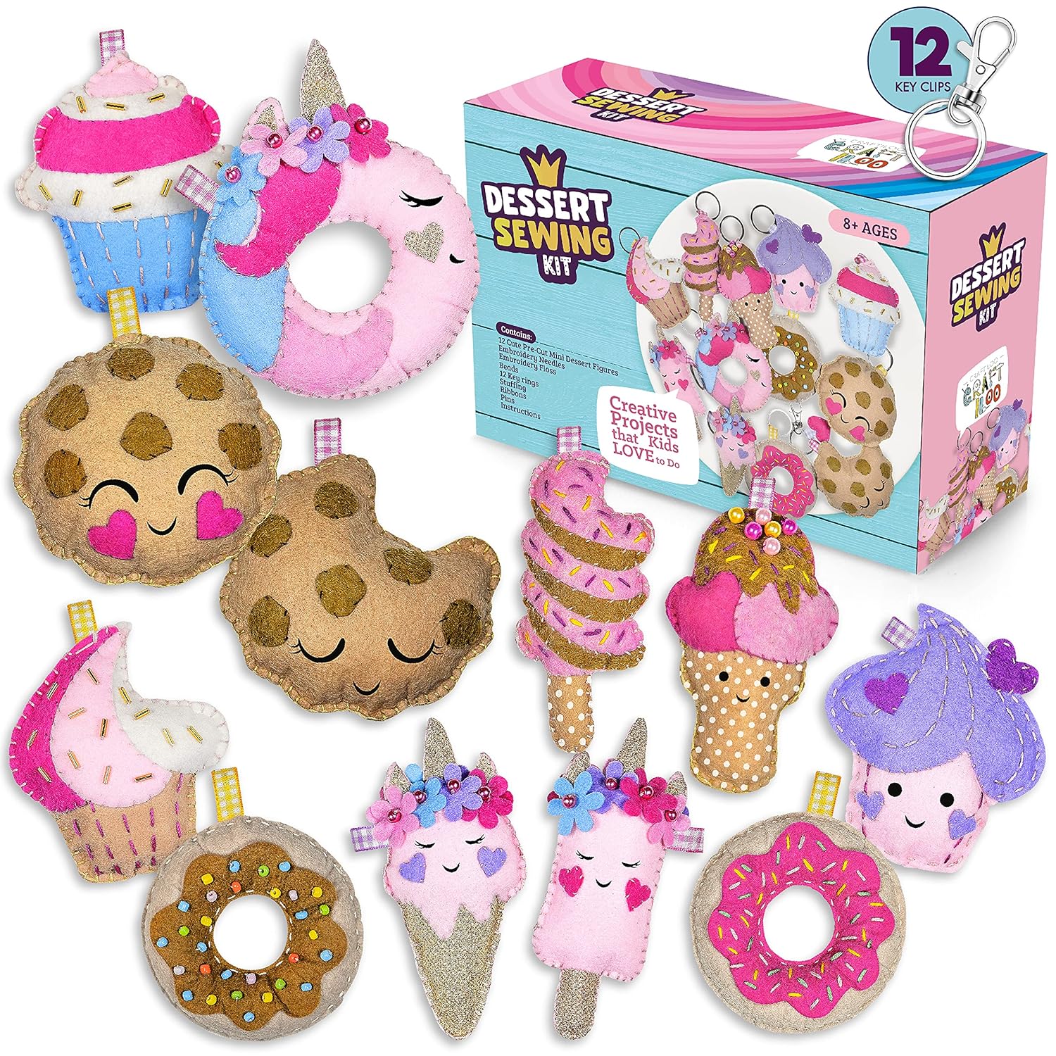 12 Pre-Cut Mini Treats Dessert Fun Kids Sewing Kit For Kids Ages 8-12 Children Beginners Sewing Kit Kid Crafts Make Your Own Felt Pillow Plush Craft Kit Girls And Boys Art Craft Kits Learn To Sew Kit