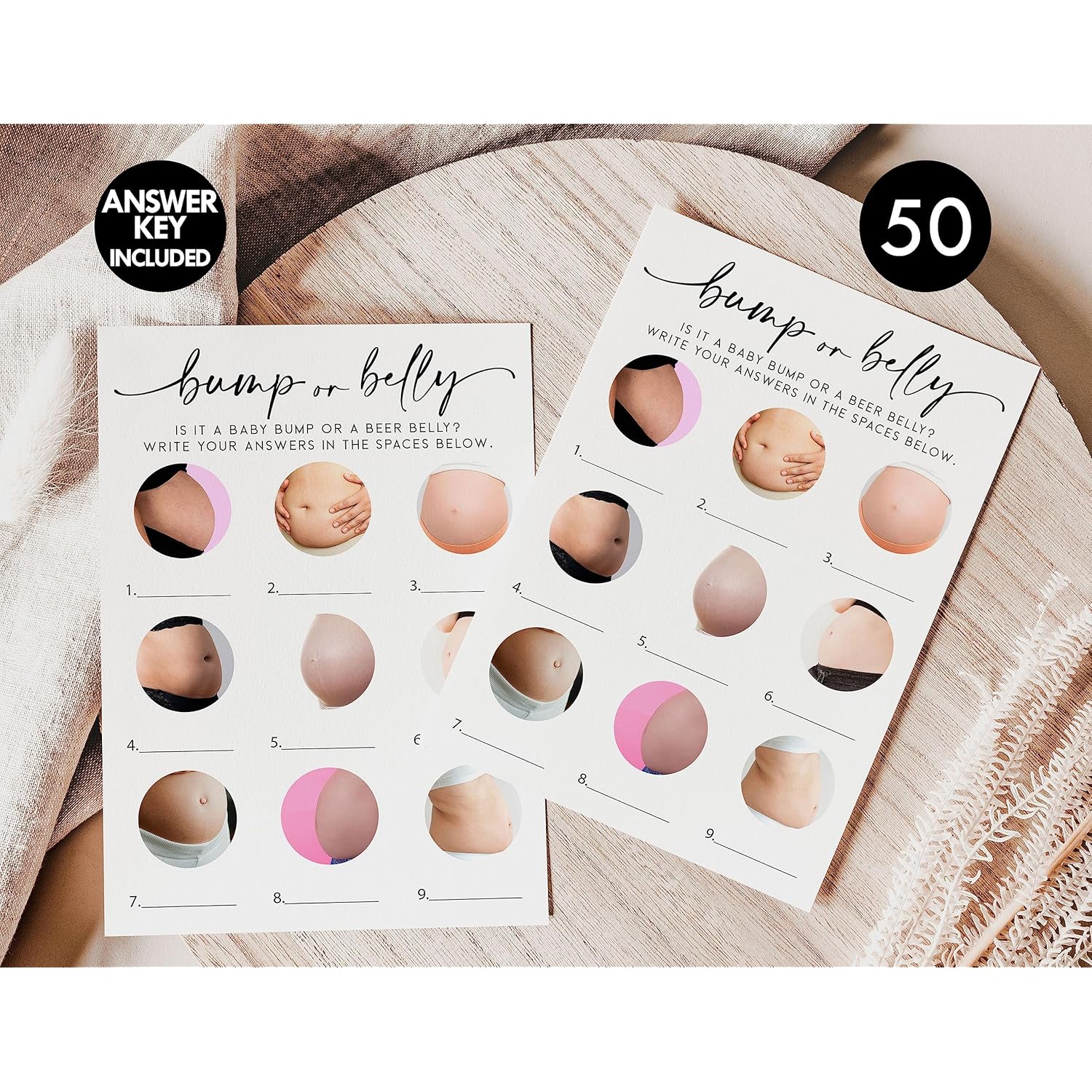 50 Baby Bump Or Beer Belly Baby Shower (50-Cards) Fun Baby Shower Game Activity, Gender Neutral Boy Or Girl, Minimalist
