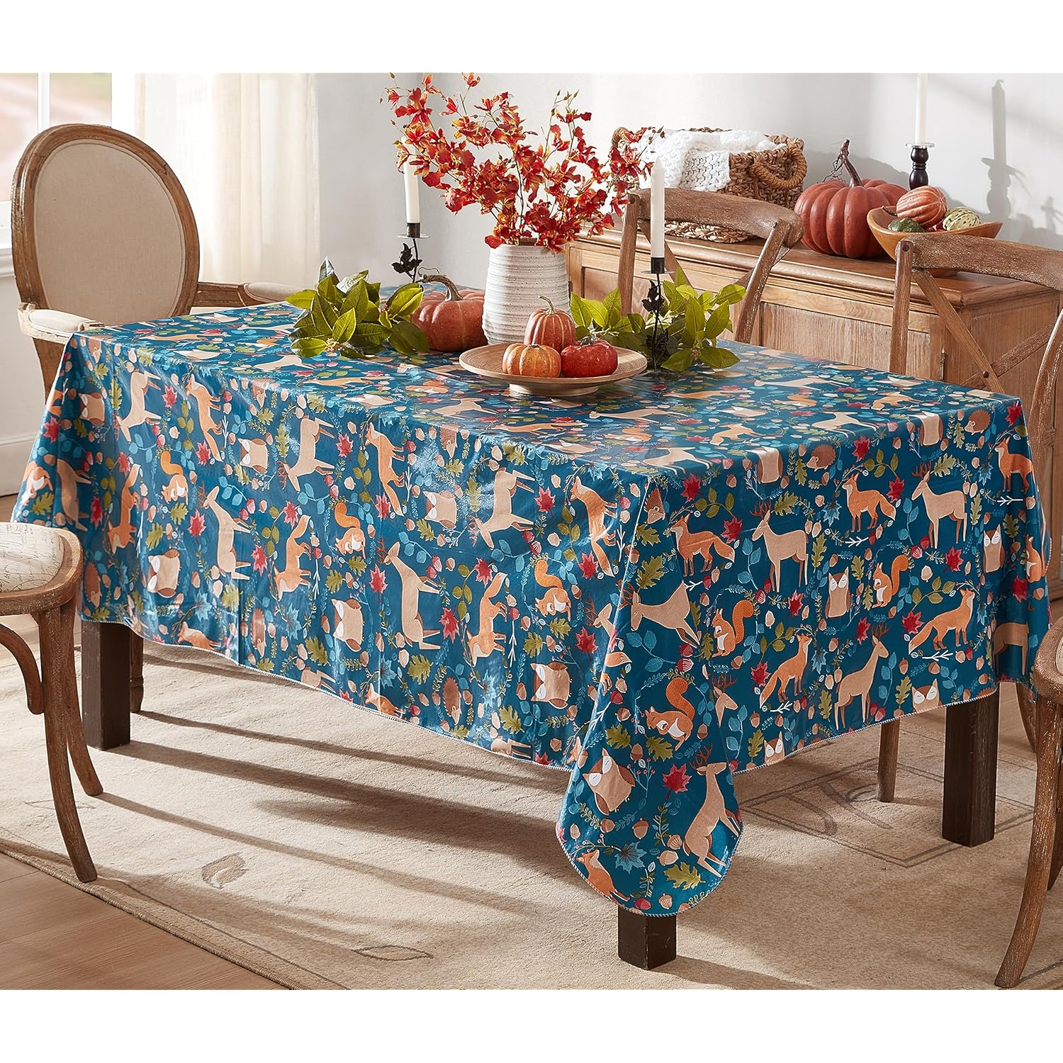 Christmas Woodland Critters 60 X 84 Inch Rectangle Vinyl Tablecloth With Flannel Backing, Squirrels Deer And Owl Winter Wreath Easy Care Holiday Table Cover For Christmas Parties
