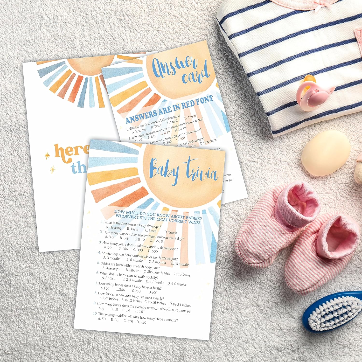 Trivia Game Set - Retro Sunshine Theme Baby Shower Party Activities - Watercolor Sun Baby Shower Game Kit, Gender Reveal, Announcement Party & Supplies - A06