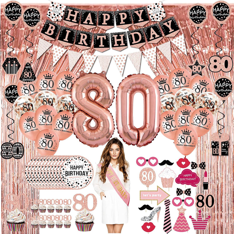 80Th Birthday Decorations For Women - (76Pack) Rose Gold Party Banner,