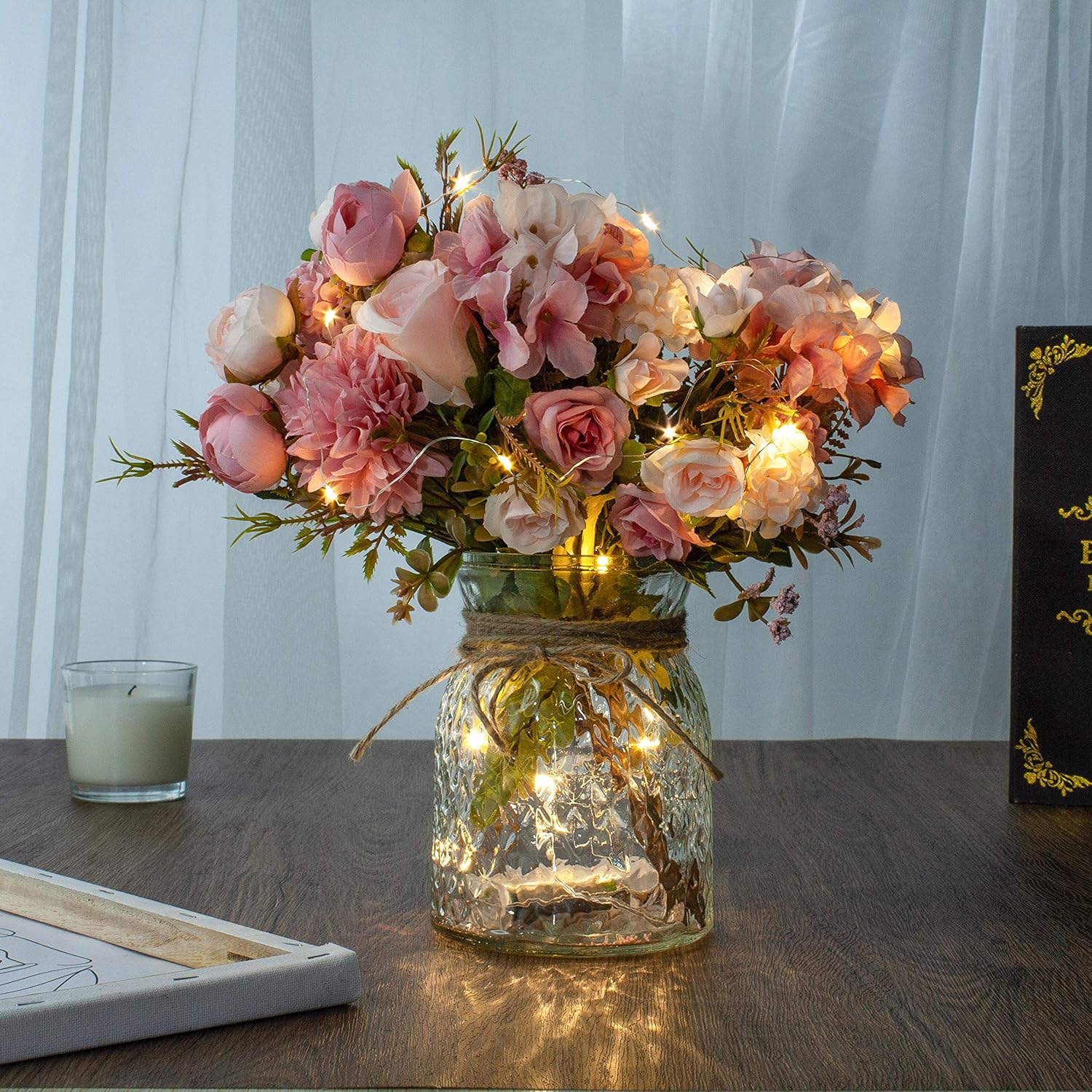 Artificial Led Pink Rose Flowers With Glass Vase, Flower Arrangement For Table Centerpiece, Home Office Wedding Decoration