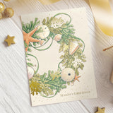 Masterpiece Shell Wreath Christmas Cards / 16 Boxed Holiday Vacation Cards Set With Coordinating Gold Foil Lined White Envelopes / 5 5/8" X 7 7/8" Folded Winter Greeting Cards With Gold Foil And