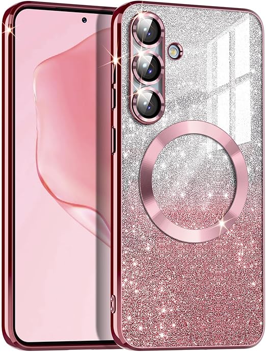 Galaxy S25 Plus 5G Case, MagSafe Compatible, Clear Glitter TPU Bumper, Rose Gold