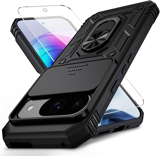 Black Protective Case for Pixel 9/9 Pro, Slide Lens Cover, Kickstand, Military Grade